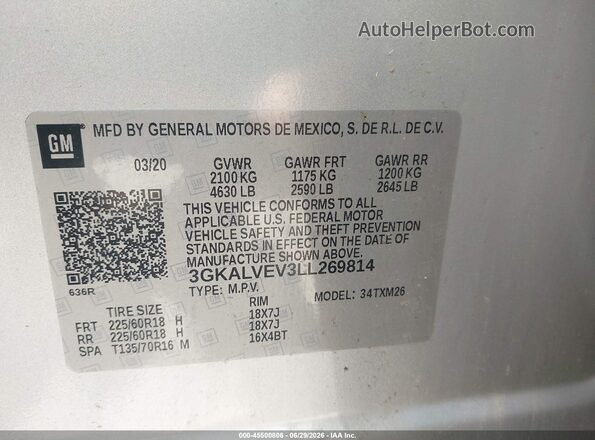 3GKALVEV3LL269814 2020 GMC TERRAIN Silver Engine compartment view