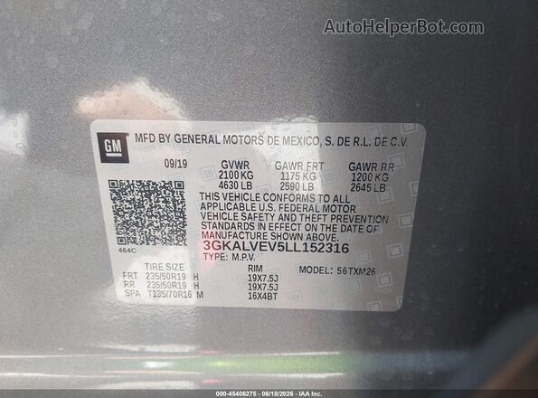 3GKALVEV5LL152316 2020 GMC TERRAIN Gray Вид підкапотного простору
