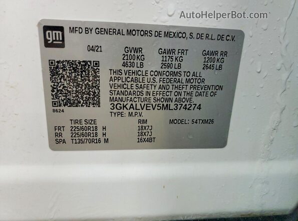 3GKALVEV5ML374274 2021 GMC TERRAIN White Widok naklejki z numerem VIN