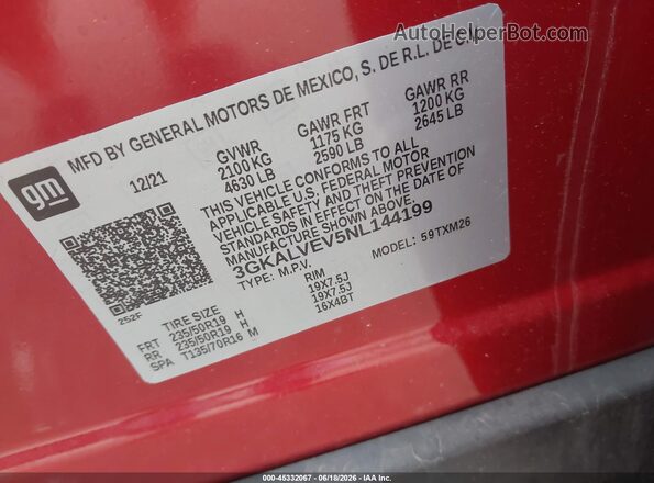 3GKALVEV5NL144199 2022 GMC TERRAIN Red Շարժիչի բաժամունքի տեսք