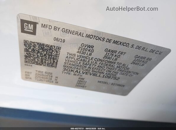 3GKALVEV8LL109752 2020 GMC TERRAIN White ძრავის განყოფილების ხედი