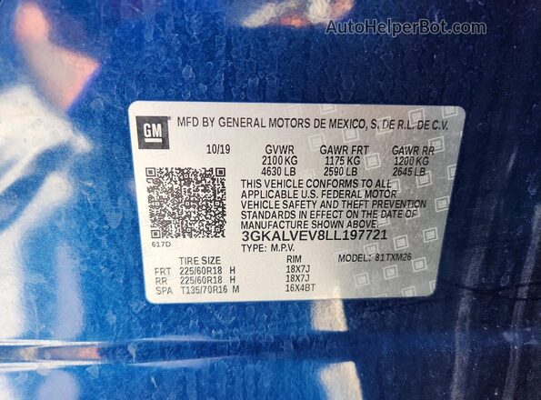 3GKALVEV8LL197721 2020 GMC TERRAIN Синий Вид наклейки с VIN-кодом
