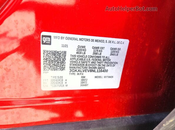 3GKALVEV8NL116400 2022 GMC TERRAIN Red Widok naklejki z numerem VIN
