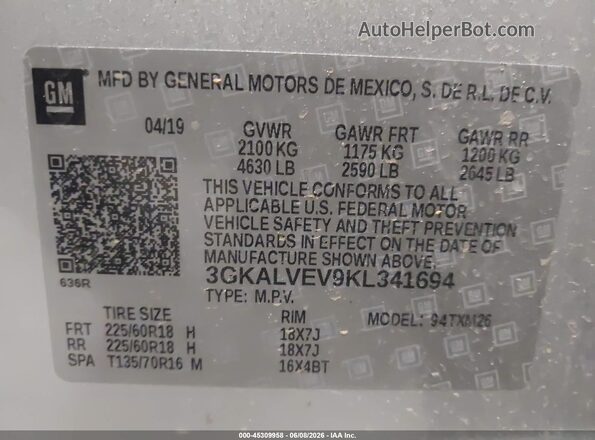 3GKALVEV9KL341694 2019 GMC TERRAIN Silver Widok komory silnika