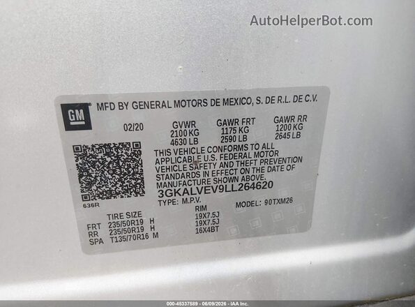 3GKALVEV9LL264620 2020 GMC TERRAIN Silver Vista del compartimento del motor