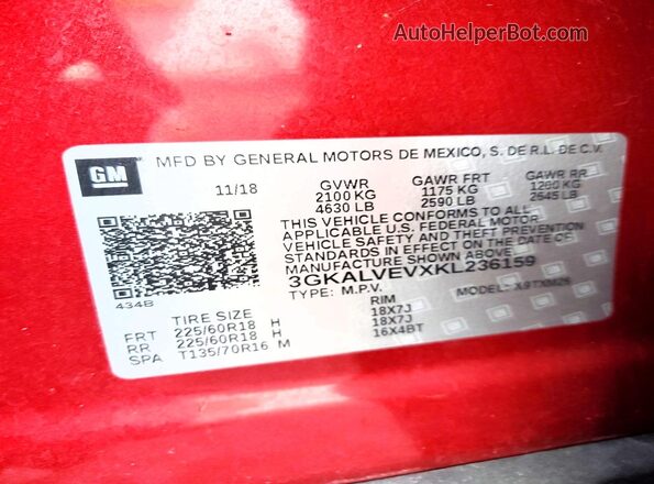 3GKALVEVXKL236159 2019 GMC TERRAIN Burgundy VIN კოდის სტიკერის ხედი
