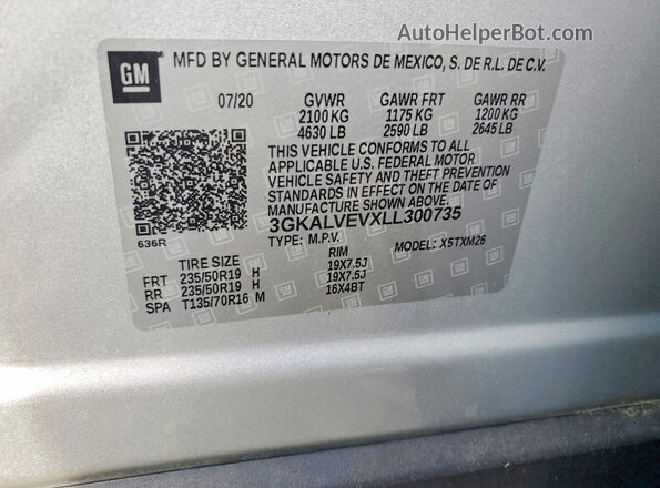 3GKALVEVXLL300735 2020 GMC TERRAIN Silver Vista de la etiqueta del VIN