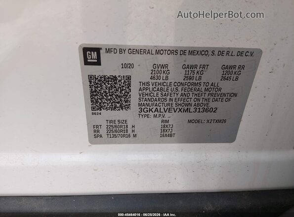 3GKALVEVXML313602 2021 GMC TERRAIN White Widok komory silnika