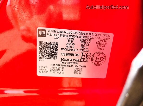 3GKALVEVXNL112736 2022 GMC TERRAIN Red Vista de la etiqueta del VIN