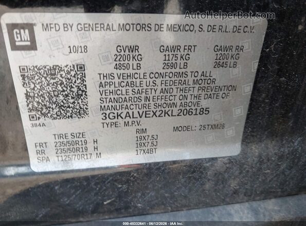 3GKALVEX2KL206185 2019 GMC TERRAIN Черный Вид подкапотного пространства