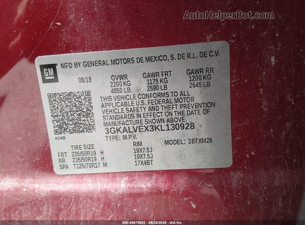 3GKALVEX3KL130928 2019 GMC TERRAIN Burgundy Вид підкапотного простору