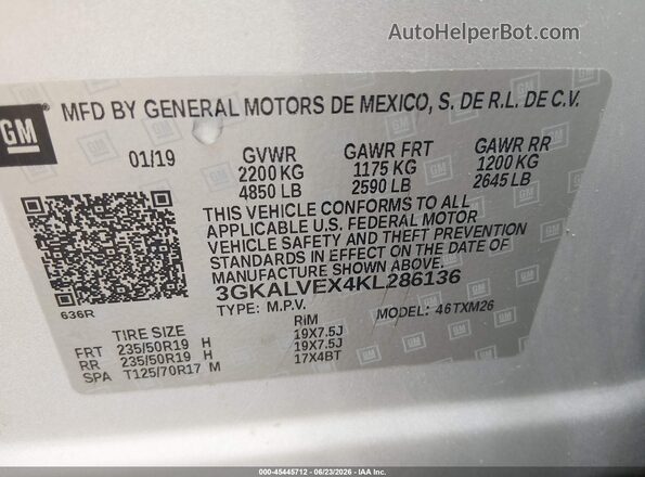 3GKALVEX4KL286136 2019 GMC TERRAIN Silver Շարժիչի բաժամունքի տեսք
