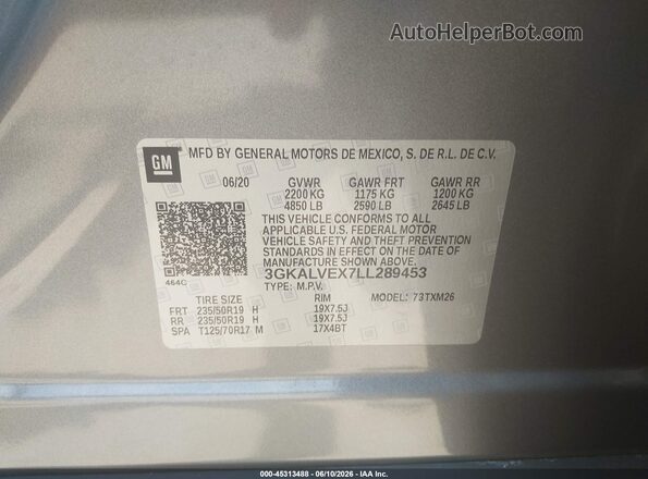 3GKALVEX7LL289453 2020 GMC TERRAIN Gray Вид підкапотного простору