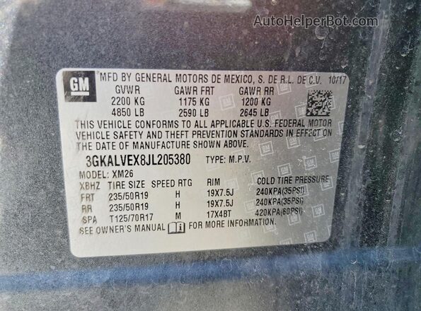 3GKALVEX8JL205380 2018 GMC TERRAIN Gray Вид наклейки з VIN-кодом