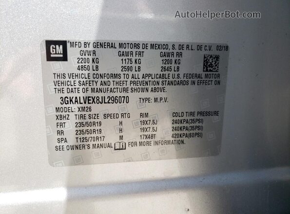 3GKALVEX8JL296070 2018 GMC TERRAIN Silver Vista de la etiqueta del VIN