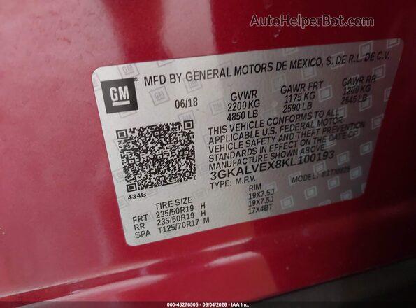 3GKALVEX8KL100193 2019 GMC TERRAIN Red Engine compartment view