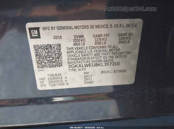 3GKALWEU8KL307310 2019 GMC TERRAIN Blue Շարժիչի բաժամունքի տեսք