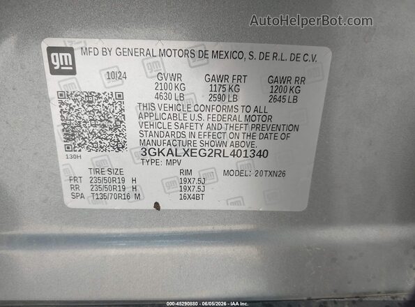 3GKALXEG2RL401340 2024 GMC TERRAIN Gray Շարժիչի բաժամունքի տեսք