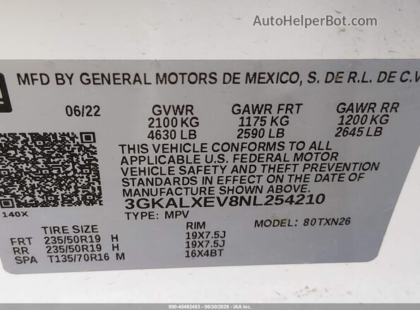3GKALXEV8NL254210 2022 GMC TERRAIN White ძრავის განყოფილების ხედი
