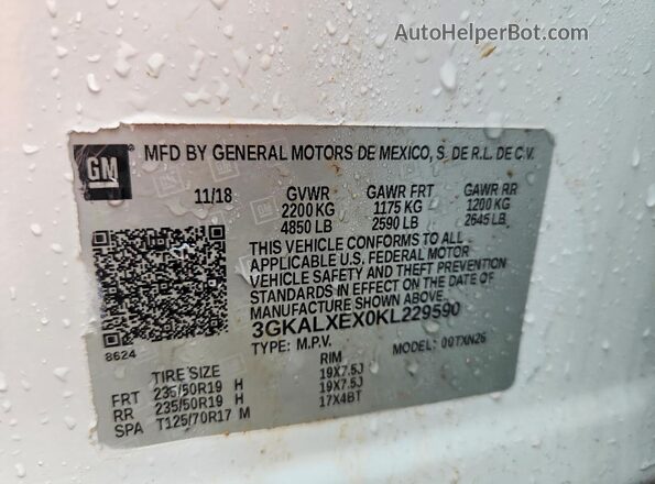 3GKALXEX0KL229590 2019 GMC TERRAIN White Vista interior de 360 grados