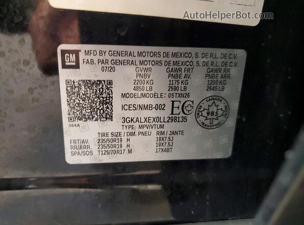 3GKALXEX0LL298135 2020 GMC TERRAIN Black Vista de la etiqueta del VIN