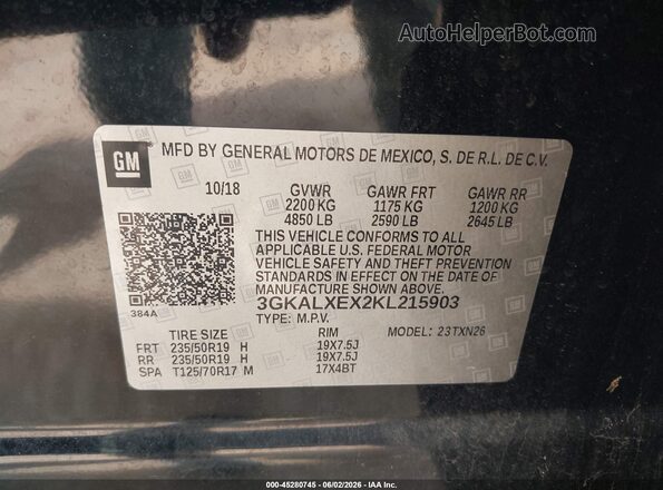 3GKALXEX2KL215903 2019 GMC TERRAIN Black Engine compartment view