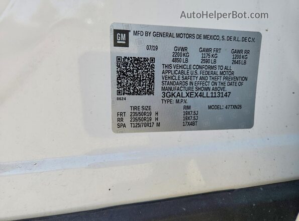 3GKALXEX4LL113147 2020 GMC TERRAIN White VIN კოდის სტიკერის ხედი