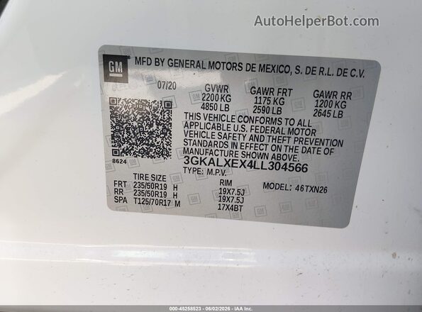 3GKALXEX4LL304566 2020 GMC TERRAIN White Vista del compartimento del motor