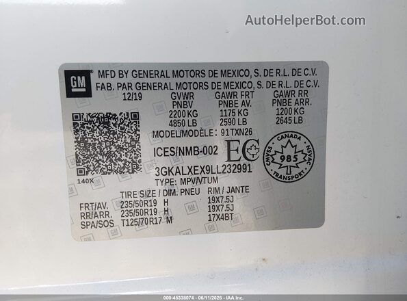 3GKALXEX9LL232991 2020 GMC TERRAIN White Engine compartment view