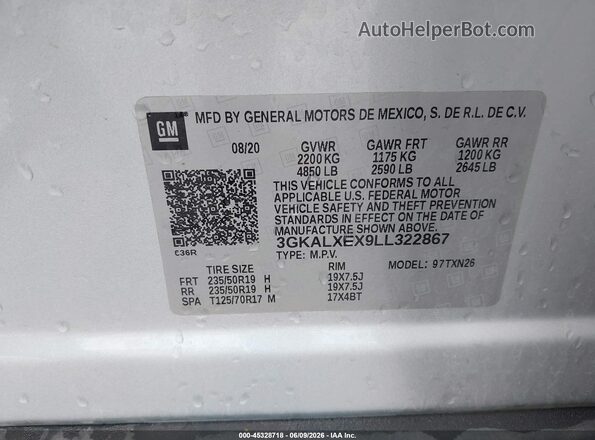 3GKALXEX9LL322867 2020 GMC TERRAIN Silver Շարժիչի բաժամունքի տեսք