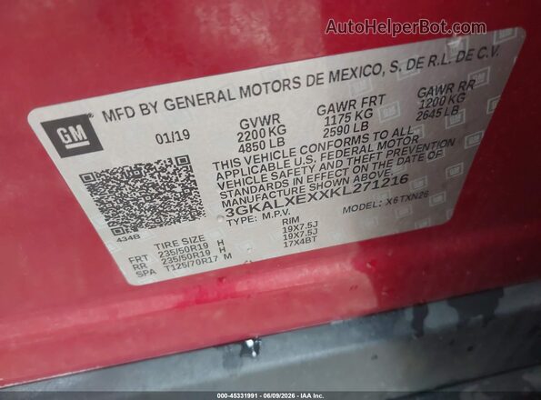 3GKALXEXXKL271216 2019 GMC TERRAIN Red Vista del compartimento del motor