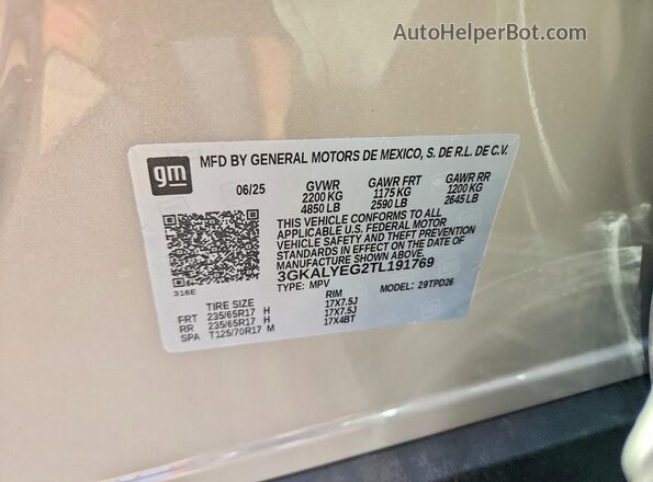3GKALYEG2TL191769 2026 GMC TERRAIN Tan Vista de la etiqueta del VIN