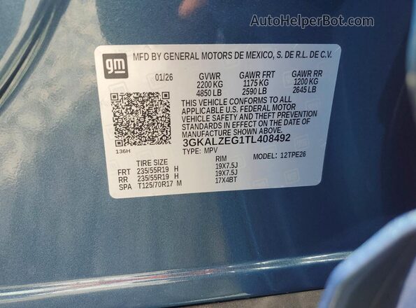 3GKALZEG1TL408492 2026 GMC TERRAIN Blue VIN კოდის სტიკერის ხედი