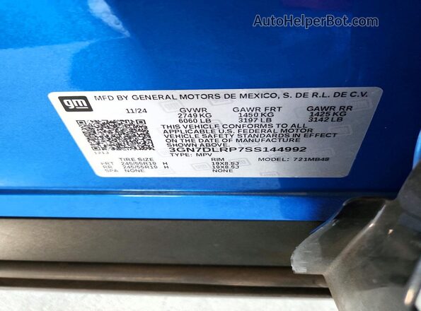 3GN7DLRP7SS144992 2025 CHEVROLET EQUINOX Blue Vista de la etiqueta del VIN