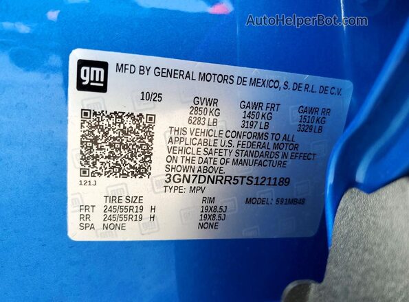 3GN7DNRR5TS121189 2026 CHEVROLET EQUINOX Blue VIN კოდის სტიკერის ხედი