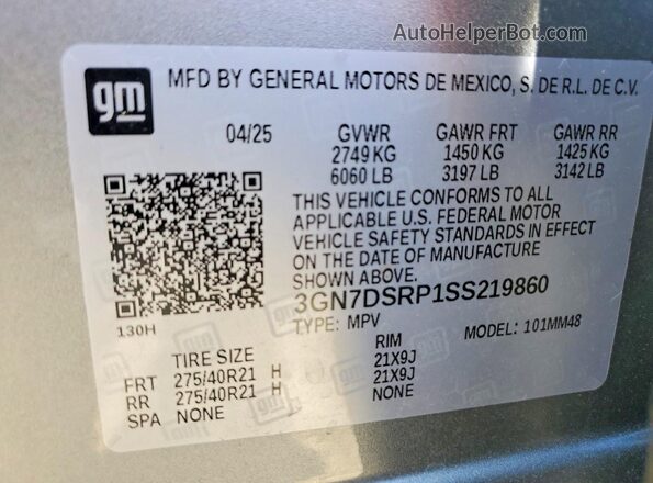3GN7DSRP1SS219860 2025 CHEVROLET EQUINOX Серый Вид наклейки с VIN-кодом