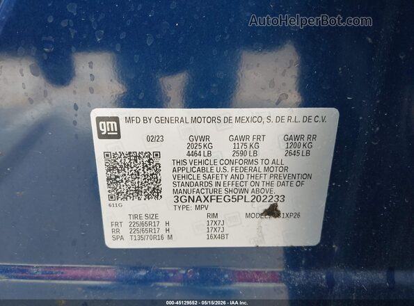 3GNAXFEG5PL202233 2023 CHEVROLET EQUINOX Blue 