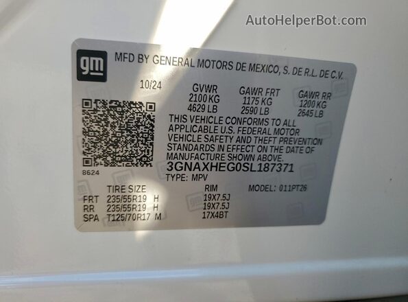 3GNAXHEG0SL187371 2025 CHEVROLET EQUINOX White Widok naklejki z numerem VIN