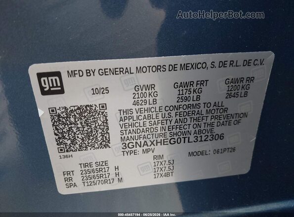 3GNAXHEG0TL312306 2026 CHEVROLET EQUINOX Blue Vista del compartimento del motor