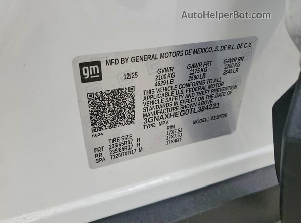 3GNAXHEG0TL384221 2026 CHEVROLET EQUINOX White Vista interior de 360 grados