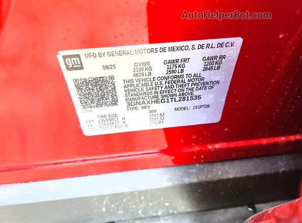 3GNAXHEG1TL281535 2026 CHEVROLET EQUINOX Burgundy VIN კოდის სტიკერის ხედი