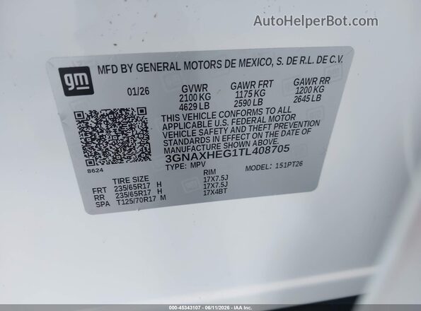 3GNAXHEG1TL408705 2026 CHEVROLET EQUINOX Белый Вид подкапотного пространства