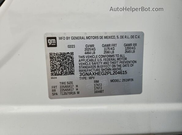 3GNAXHEG2PL204615 2023 CHEVROLET EQUINOX White Widok naklejki z numerem VIN