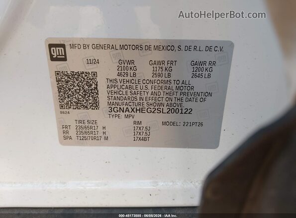 3GNAXHEG2SL200122 2025 CHEVROLET EQUINOX White Вид підкапотного простору