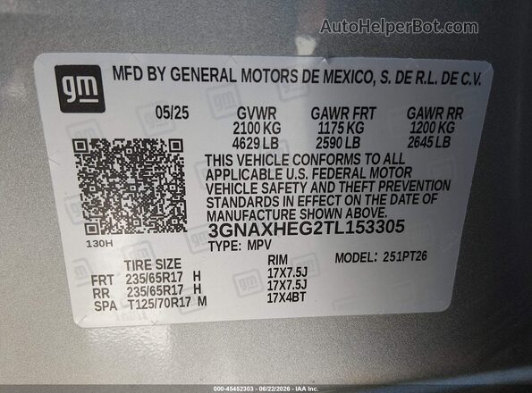 3GNAXHEG2TL153305 2026 CHEVROLET EQUINOX Silver Widok komory silnika