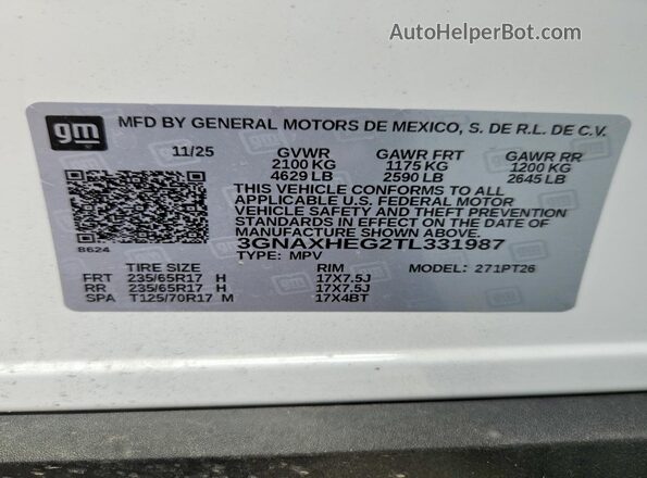 3GNAXHEG2TL331987 2026 CHEVROLET EQUINOX White Вид наклейки з VIN-кодом