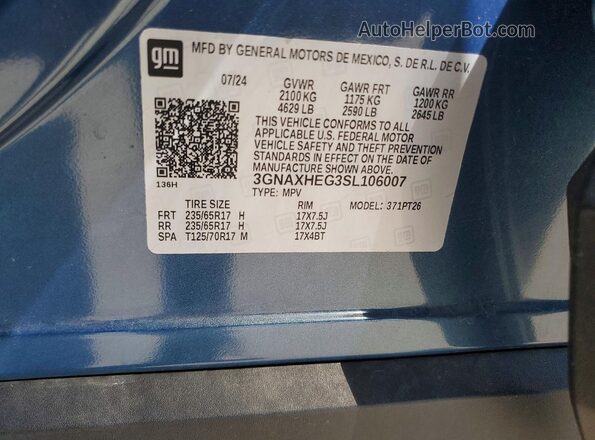 3GNAXHEG3SL106007 2025 CHEVROLET EQUINOX Blue Вид наклейки з VIN-кодом