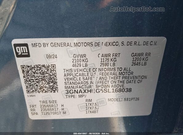 3GNAXHEG5SL168038 2025 CHEVROLET EQUINOX Blue Շարժիչի բաժամունքի տեսք