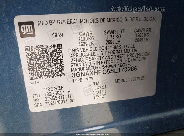 3GNAXHEG5SL173286 2025 CHEVROLET EQUINOX Blue Engine compartment view