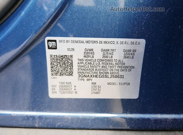 3GNAXHEG5SL258631 2025 CHEVROLET EQUINOX Blue VIN კოდის სტიკერის ხედი